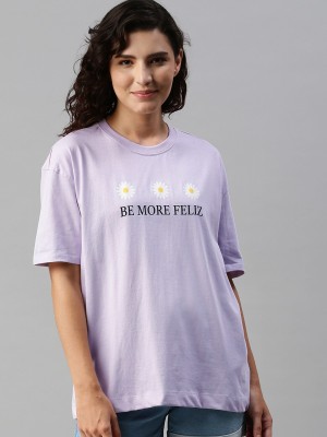 HERE&NOW Printed Women Round Neck Purple T-Shirt