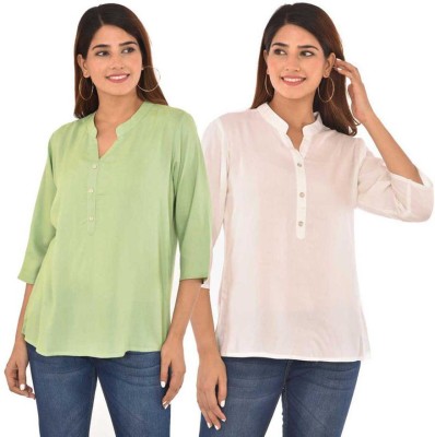 FABISHO Casual Solid Women White, Light Green Top