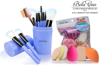 Bella Ciao Professional 12 Piece Face and Eye Makeup Brush Set With Storage Barrel - Blue With 6 in 1 Makeup Sponge Puff Pack - Soft(Pack of 18)