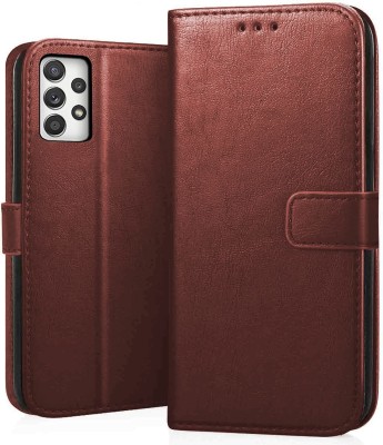 VOSKI Wallet Case Cover for Samsung Galaxy A32 Flip Cover Premium Leather with Card Pockets Kickstand 360 Degree Protection(Brown, Dual Protection, Pack of: 1)