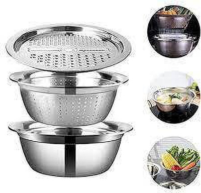 Shyam Creation 11 Inch Stainless Steel Drain Basket Vegetable Cutter, 3 in 1 Kitchen Multipurpose Julienne Grater - Salad Maker Bowl Strainer(Steel Pack of 1)