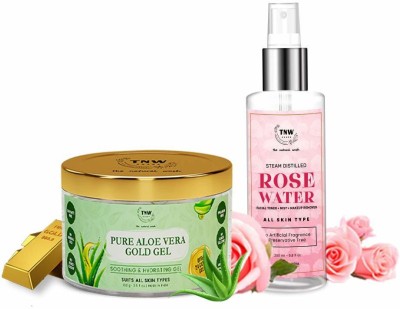 TNW - The Natural Wash Pure 24k Gold Aloe Vera Gel(100ml) for Face Skin, Acne, Scars & Sunburn Treatment with Rose Water Spray for Face - Face Toner/Skin Toner/Makeup Remover(200ml)(2 Items in the set)