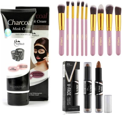 TUPELO Combo pack of charcoal mask cream anti black head oil control anti head mask cream (130ml) +high quality set of 10 make up brushes for women + one high quality V face highlighter + contour concealer hilary (multi,2.4g) for women(3 Items in the set)