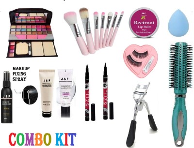 J & F Primer, Fixer ,Foundation With Makeup Beauty Sponge Puff , Premium Eyelash Curler With Eyelashes , 36 hours Sketch Eyeliner kajal Pack of 2 With Best Makeup Kit 6155 , 7 Pc Makeup Brush Black / Pink Best Quality, Beetroot Lip Balm 10 g , Premium Round Roller Comb / Styling Hair Brush(11 Items 