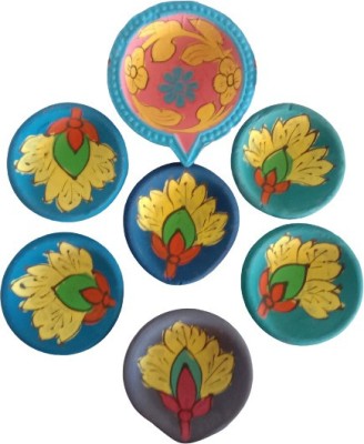 om craft villa Blue Pottery Design Handmade Colourful Clay Diyas for Navratri Puja & Diwali Decoration with Cotton Wicks Set of 6 + 1 Gujrati Diya (DIYA-PT-D8) Terracotta (Pack of 7) Table Diya(Height: 1 inch)