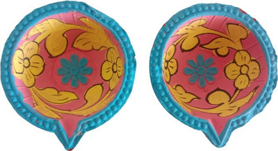 om craft villa Blue Pottery Design Handmade Colourful Clay Diya for Diwali Decoration Deepak, lamp -Set of 2 Pieces with Batti Terracotta (Pack of 2) Table Diya Set(Height: 1 inch)