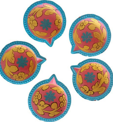 om craft villa Blue Pottery Design Handmade Colourful Clay Diya for Diwali Decoration Deepak, lamp -Set of 5 Pieces with Batti Terracotta (Pack of 5) Table Diya Set(Height: 1 inch)