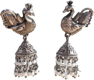 Mrigangi Traditional Oxidised Silver Peacock Jhumka Temple Earring for Women and Girls Alloy Earring Set, Jhumki Earring