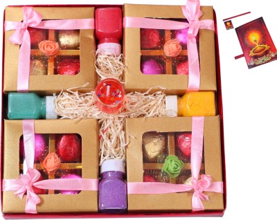 MANTOUSS Diwali gifts for friends and family/Diwali gift for employees/Diwali gift items for corporate employee-4 boxes of Handcrafted Chocolates+gel filled glass candle+rangoli colours+Deepawali greeting card Assorted Gift Box(Multicolor)