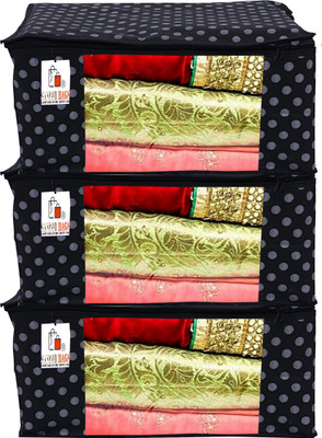 Ganpati Bags Polka Dots Design 3 Piece Non Woven Fabric Saree Cover Set with Transparent Window, Extra Large, GB-28(Black)