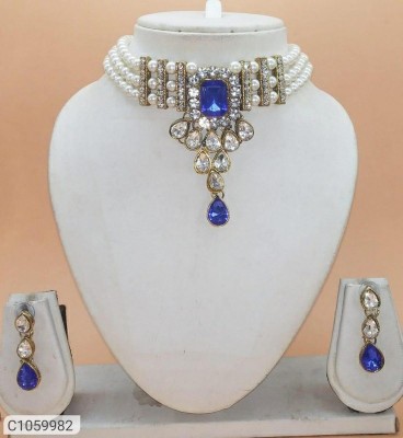 White pearl Brass Gold-plated Blue Jewellery Set(Pack of 1)