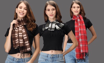 Trendy World Checkered Women Muffler(Pack of 3)