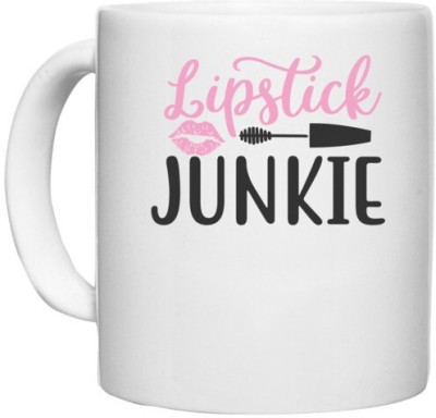 UDNAG White Ceramic Coffee / Tea 'Makeup | lipstick junkie' Perfect for Gifting [330ml] Ceramic Coffee Mug(330 ml)