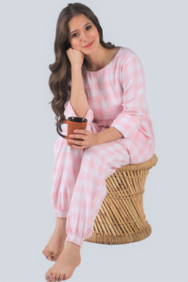 PRETTY LOVING THING Women Checkered Pink Top & Pyjama Set