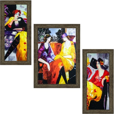 Indianara Set of 3 Women in Western Dress Framed Art Painting (343EBY) without glass (6 X 13, 10.2 X 13, 6 X 13 INCH) Digital Reprint 13 inch x 10.2 inch Painting(With Frame, Pack of 3)