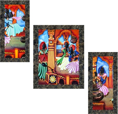 Indianara Set of 3 Folk Framed Art Painting (2101MGY) without glass (6 X 13, 10.2 X 13, 6 X 13 INCH) Digital Reprint 13 inch x 10.2 inch Painting(With Frame, Pack of 3)