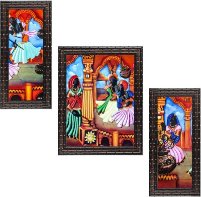 Indianara Set of 3 Folk Framed Art Painting (2101GB) without glass (6 X 13, 10.2 X 13, 6 X 13 INCH) Digital Reprint 13 inch x 10.2 inch Painting(With Frame, Pack of 3)