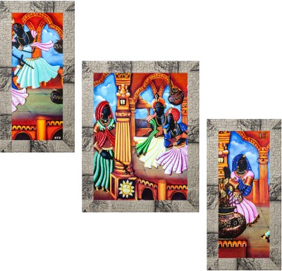 Indianara Set of 3 Folk Framed Art Painting (2101MW) without glass (6 X 13, 10.2 X 13, 6 X 13 INCH) Digital Reprint 13 inch x 10.2 inch Painting(With Frame, Pack of 3)