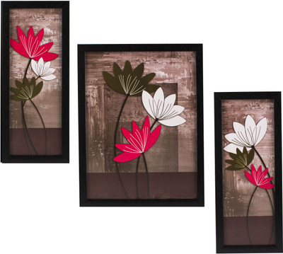 Indianara 3 PC SET OF FLORAL PAINTINGS WITHOUT GLASS 5.2 X 12.5, 9.5 X 12.5, 5.2 X 12.5 INCH Digital Reprint 13 inch x 10 inch Painting(With Frame, Pack of 3)