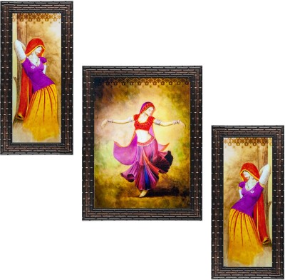 Indianara Set of 3 Dancing Village Women Folk Framed Art Painting (2563GB) without glass (6 X 13, 10.2 X 13, 6 X 13 INCH) Digital Reprint 13 inch x 10.2 inch Painting(With Frame, Pack of 3)