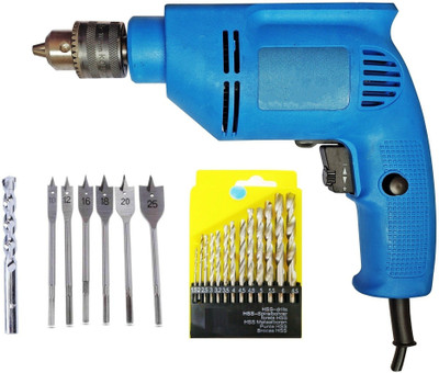 Inditrust 400W 10mm reversible drill machine Yi.King with Left Right Rotation 13pc HSS 1 masonry bit and 6pc flat wood set Pistol Grip Drill(10 mm Chuck Size)