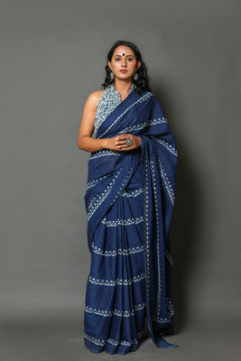 Pallo Latke Blocked Printed Daily Wear Pure Cotton Saree(Dark Blue)