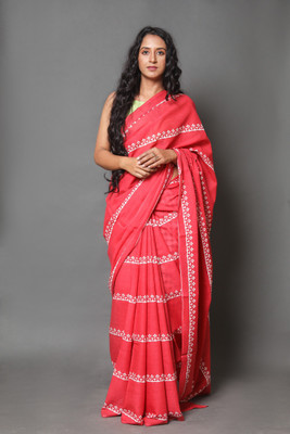 Pallo Latke Blocked Printed Daily Wear Pure Cotton Saree(Pink)