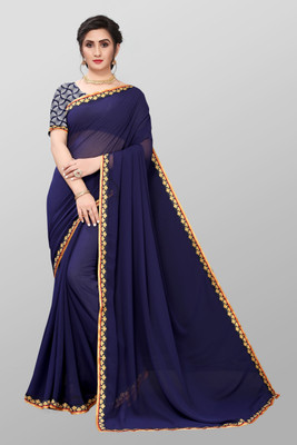 WHOLSALE BAZAR Solid/Plain Bollywood Georgette Saree(Dark Blue)