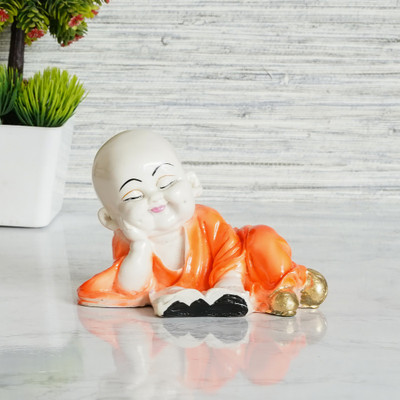 Royalbox Vastu Fangshui Religious Idol of Laughing Baby Buddha Monk Reading Book Statue Decorative Showpiece  -  13 cm(Polyresin, White, Orange)