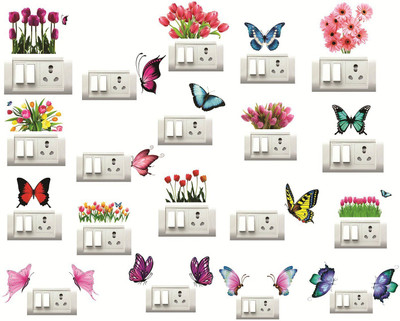 Decor Villa 25 cm butterfly and flower Wall Sticker & Switch Board Sticker Set Of 19 Reusable Sticker(Pack of 19)