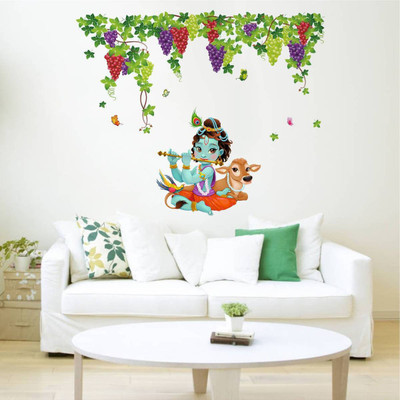 rawpockets 1 cm Wall Decals ' Lord Krishna Playing Flute under Grapes garden Combo'Wall Stickers |PVC Vinyl | Multicolour Self Adhesive Sticker(Pack of 1)