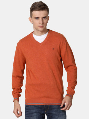 t-base Solid V Neck Casual Men Orange Sweater
