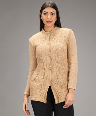 BUDAPEST Striped Collared Neck Casual Women Beige Sweater