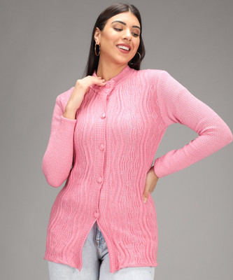 BUDAPEST Striped Collared Neck Casual Women Pink Sweater