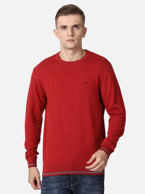 t-base Solid Round Neck Casual Men Red Sweater