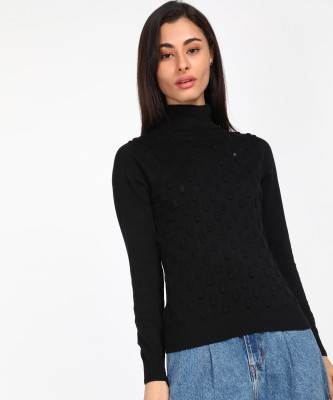 KILLER Self Design Turtle Neck Casual Women Black Sweater