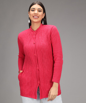 BUDAPEST Striped Collared Neck Casual Women Pink Sweater