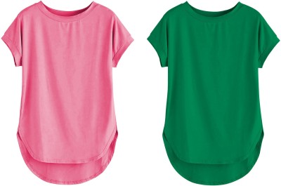 THE BLAZZE Solid Women Round Neck Pink, Light Green T-Shirt