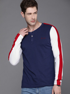 WROGN Colorblock Men Henley Neck Dark Blue T-Shirt