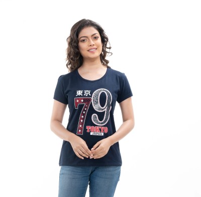 STYLE CLUB Typography Women Round Neck Dark Blue T-Shirt