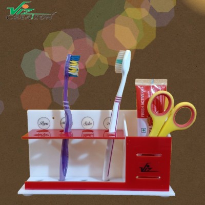 Viz Creation Beautiful Bathroom Acrylic Toothbrush-Tongue Cleaner-Toothpaste holder with Wall Mounted & Counter top Design Unique idea Separate Brush with family member name PAPA-MUMMY-SISTER & ME Acrylic Toothbrush Holder(White, Red, Wall Mount)