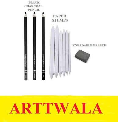 ARTTWALA Art Black Charcoal Pencils - Hard, Medium and Soft with Sharpener; White Paper Art Blending Stumps and Kneadable Eraser for Graphite & Charcoal Pencils (Pack of 3 Black Charcoal Pencils, 6 Paper Stumps and 1 Kneadable Eraser) ARTTWALA Art Black Charcoal Pencils - Hard, Medium and Soft with Sharpener; White Paper Art Blending Stumps and Kneadable Eraser for Graphite & Charcoal Pencils (Pack of 3 Black Charcoal Pencils, 6 Paper Stumps and 1 Kneadable Eraser)