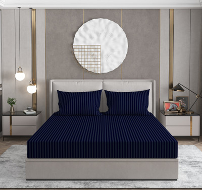 AVISARDO 180 TC Microfiber Double Striped Flat Bedsheet(Pack of 1, Blue)
