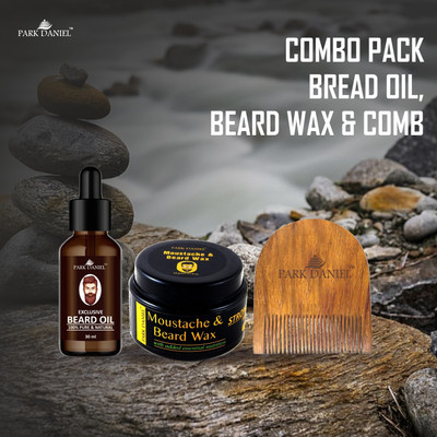 PARK DANIEL Premium Exclusive Beard Oil (30 ml ), Moustache Beard Wax (50 gm ) & Handcrafted Wooden U Shape Beard Comb 2.5 Inches - Combo Pack of 3 Items(3 Items in the set)