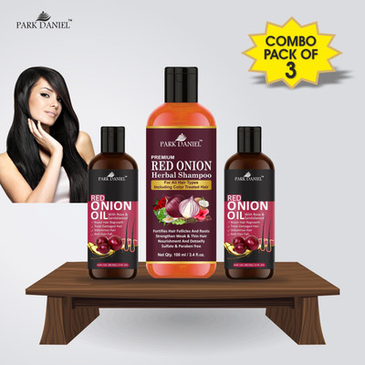 PARK DANIEL Premium Red Onion Herbal Hair Oil 60 ml - Pack of 2 (120ml) & Red Onion Herbal Shampoo 100 ml -Combo Pack Of 3 items(3 Items in the set)