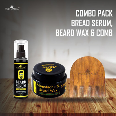 PARK DANIEL Premium Beard Serum (60 ml), Moustache Beard Wax (50 gm ) & Handcrafted Wooden U Shape Beard Comb 2.5 Inches - Combo Pack of 3 Items(3 Items in the set)