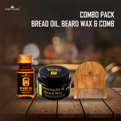 PARK DANIEL Premium Beard Oil (35 ml), Moustache Beard Wax (50 gm) & Handcrafted Wooden U Shape Beard Comb 2.5 Inches - Combo Pack of 3 Items(3 Items in the set)