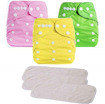 kogar All New Solid Reusable Cloth Button Diaper With White Insert For Baby New Born To 2 Year (3 Diaper +3 Insert) R03 - M - L(6 Pieces)
