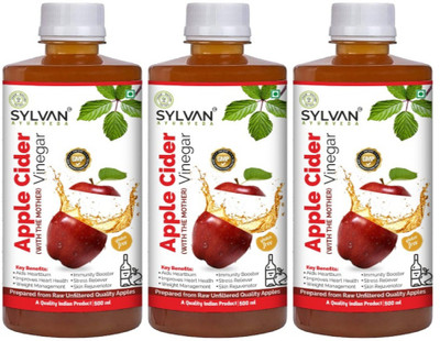 SYLVAN AYURVEDA APPLE CIDER VINEGAR WITH 'THE MOTHER' JUICE FOR REDUCE BELLY FAT, REGULATE CHOLESTEROL AND MORE| PACK OF 3(3 x 500 ml)