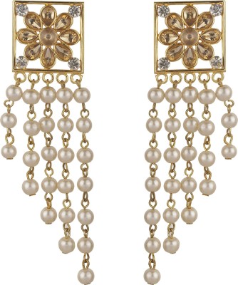 Savvy Square Designer Drop Crystal pearl Dangler Earrings - Golden & White Alloy Brass & Copper Made in India Earrings for Women's Fashion Jewelry Earrings for Girls & Women's Brass Drops & Danglers